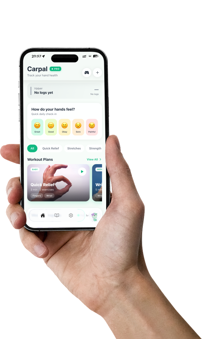 Hand holding iPhone with CarpalCare app